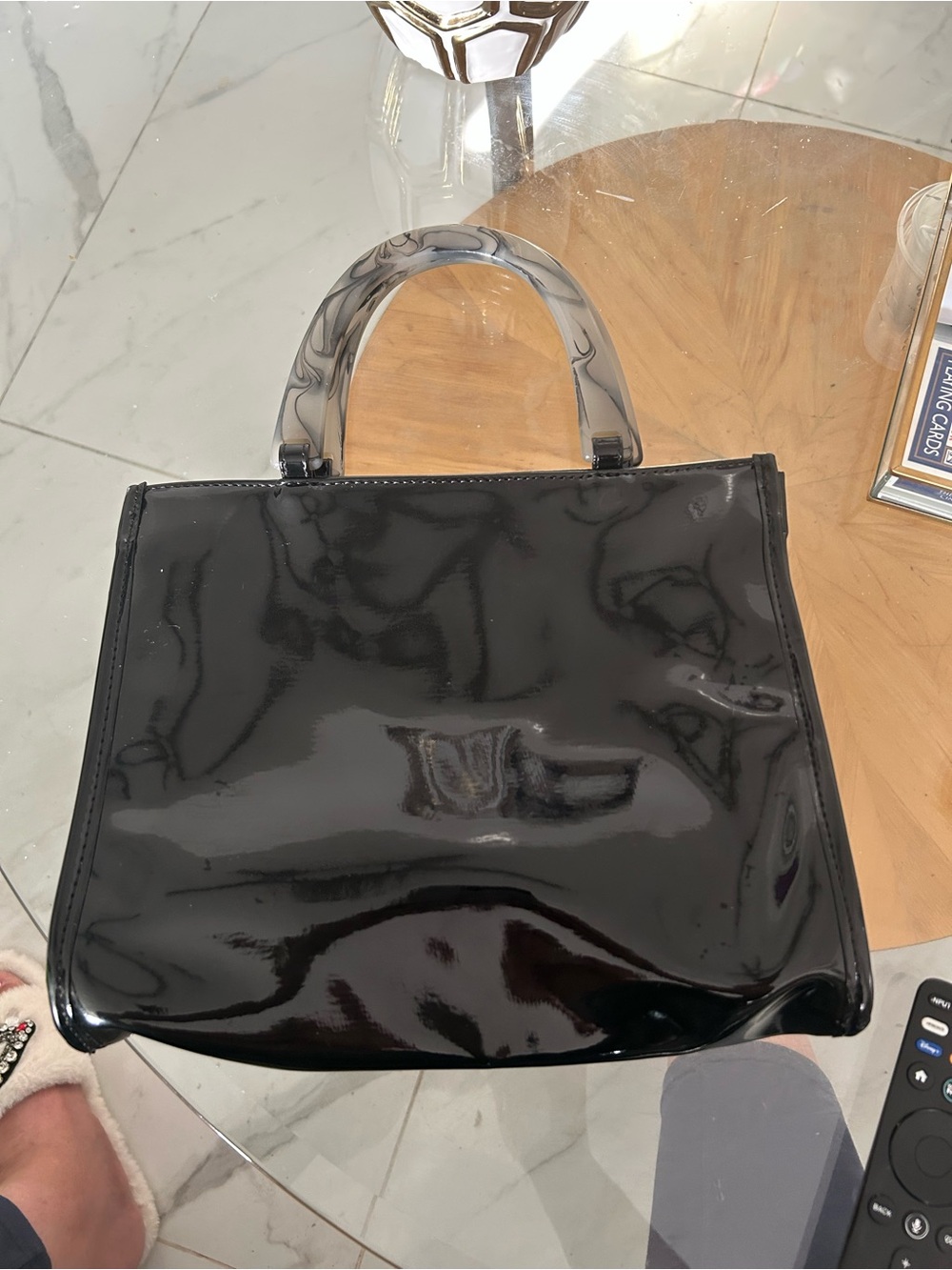 Neiman Marcus Vintage Black Patent Leather Bag w/Gray Marble Acrylic Handles